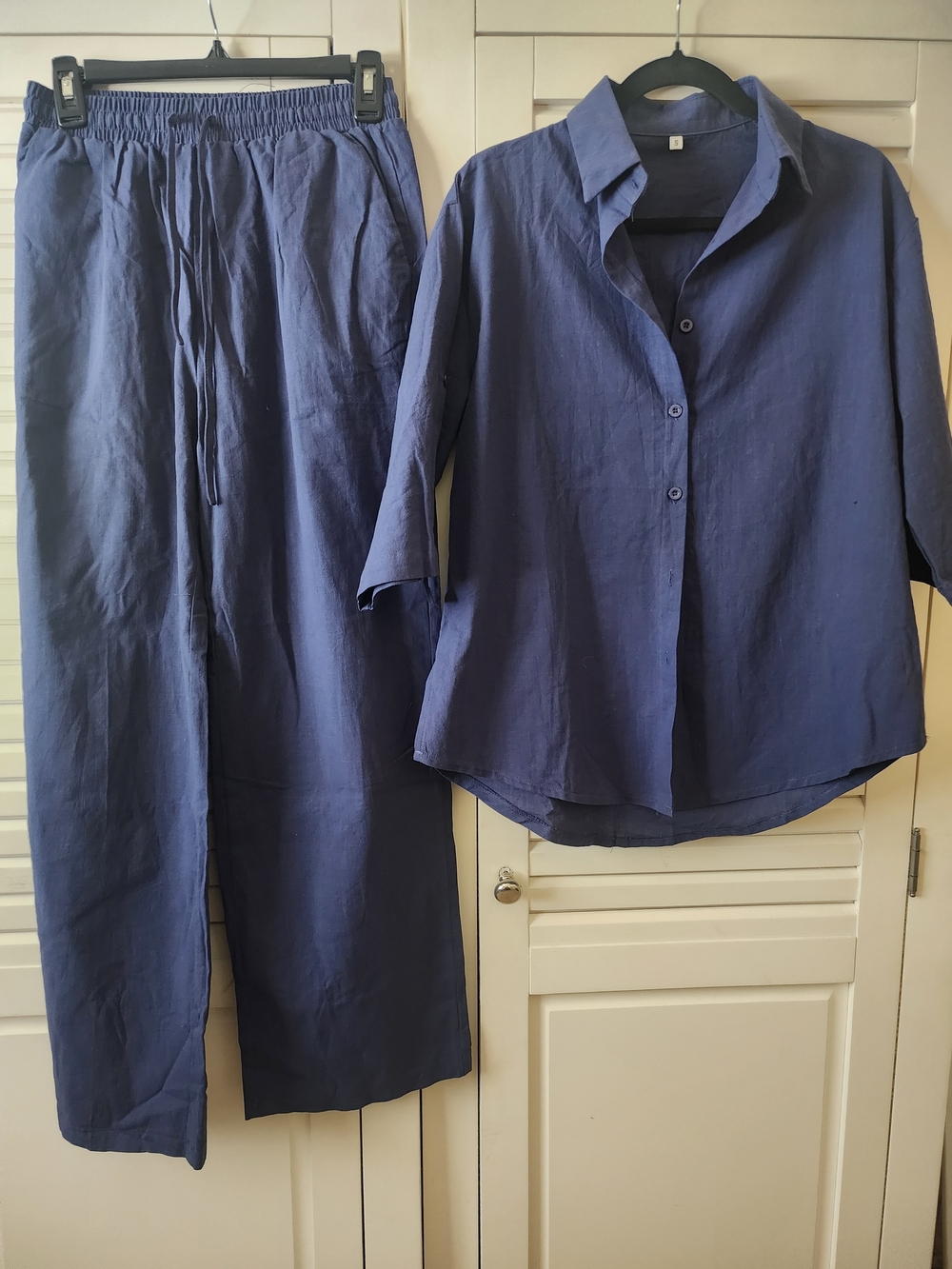 Navy Relaxed Linen Shirt & Wide-Leg Pants Set